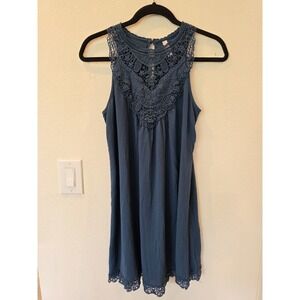 Y2K Xhilaration Boho Mini Dress Sz M Teal Blue CrochetLace Festival Forest Fairy